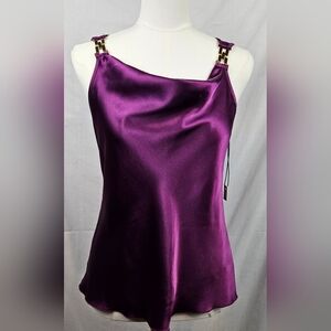 Nicole Miller Purple Satin Mob Wife Cami Gold Straps‎ Cowl Neck XS Maximalist